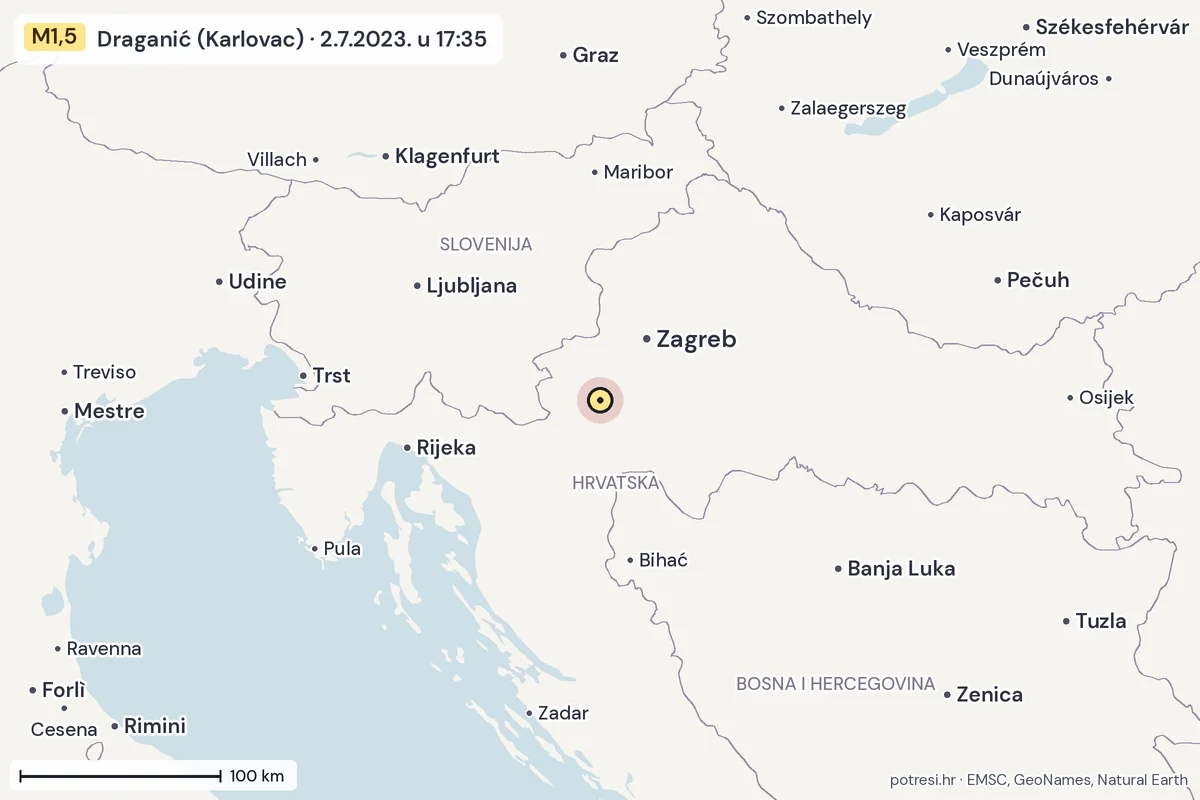Karta: šire područje, 600 km, potres M1,5, Draganić (Karlovac), 2.7.2023.