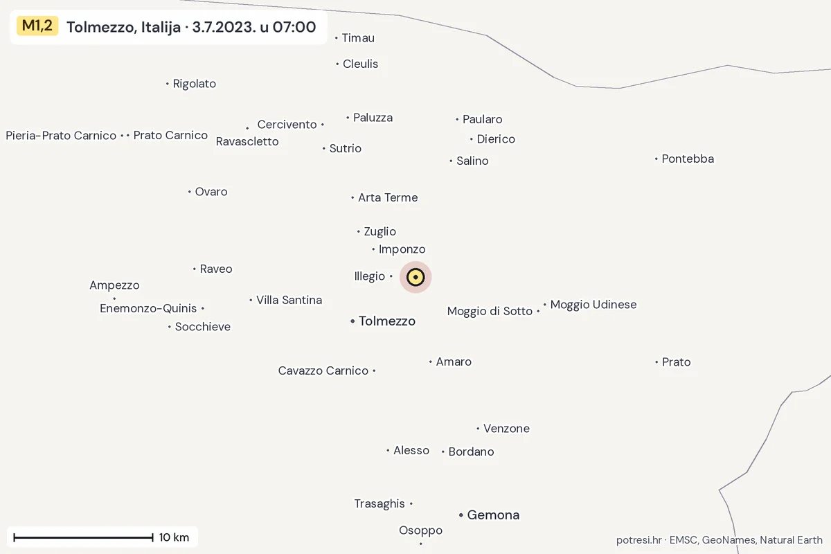 Karta: okolica epicentra, 60 km, potres M1,2, Tolmezzo, Italija, 3.7.2023.