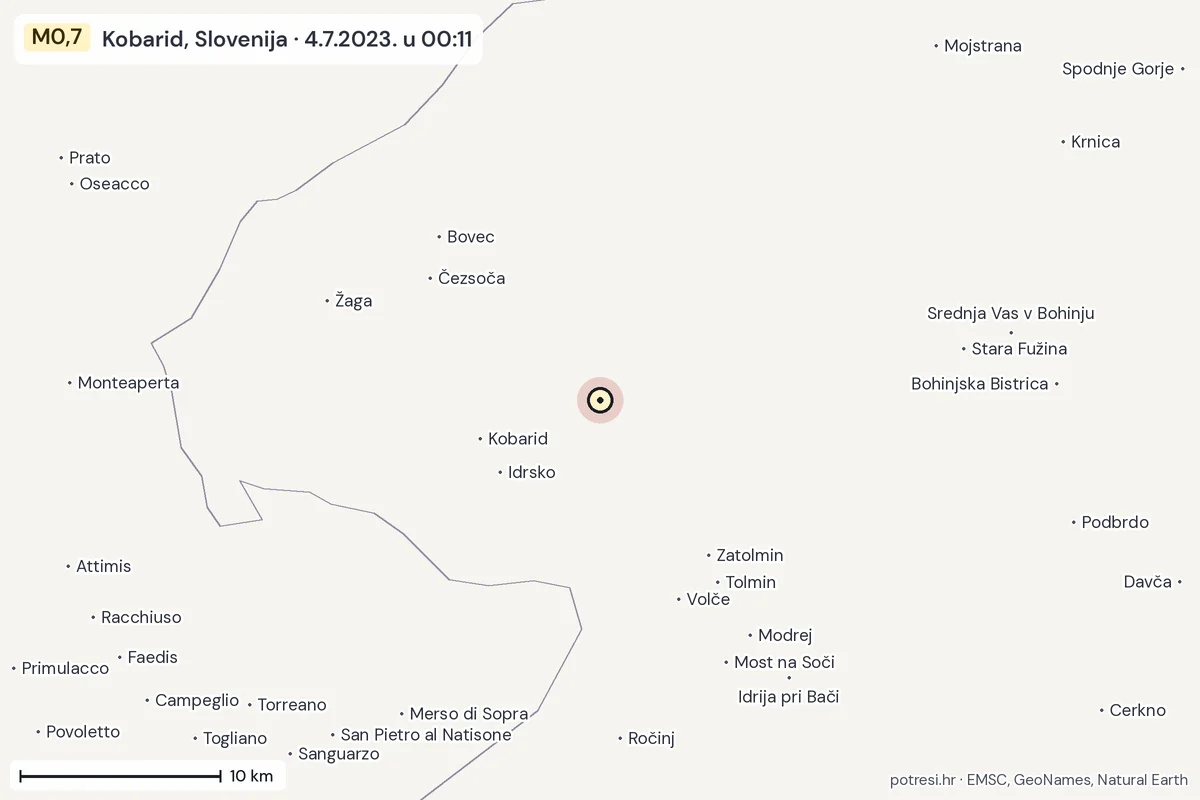 Karta: okolica epicentra, 60 km, potres M0,7, Kobarid, Slovenija, 4.7.2023.