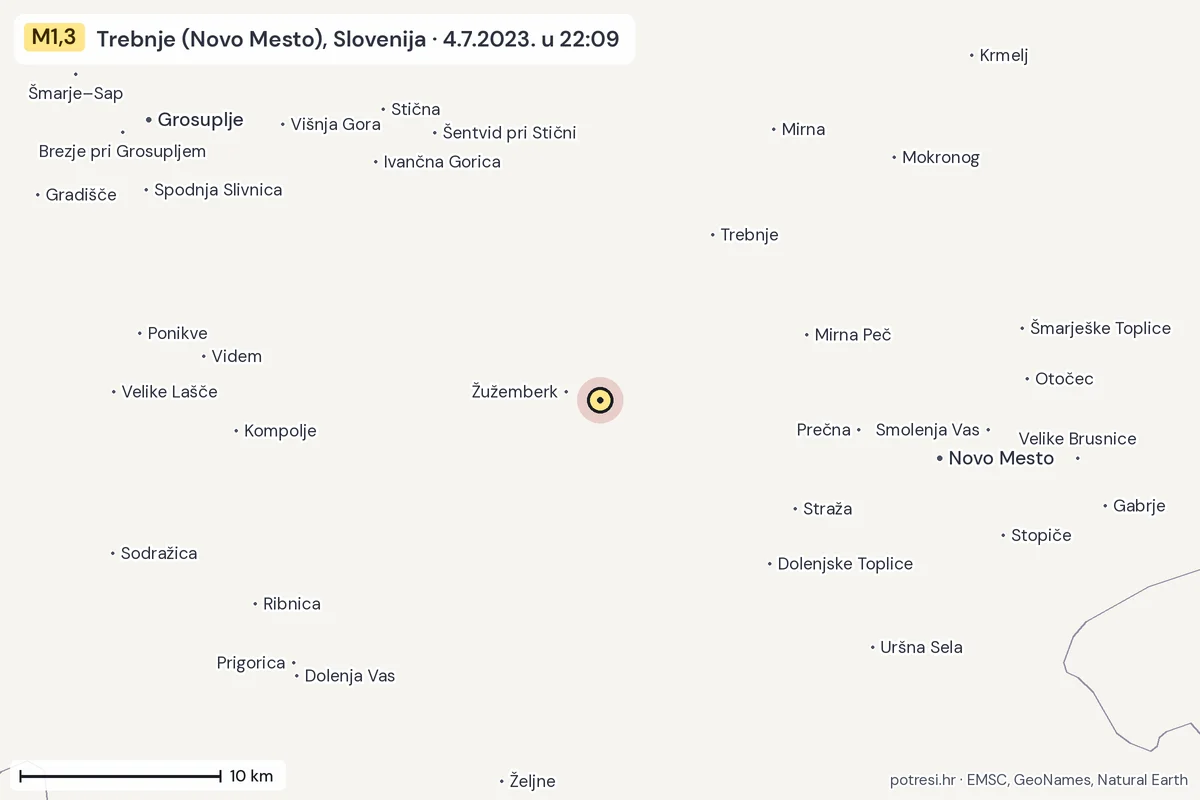 Karta: okolica epicentra, 60 km, potres M1,3, Trebnje (Novo Mesto), Slovenija, 4.7.2023.