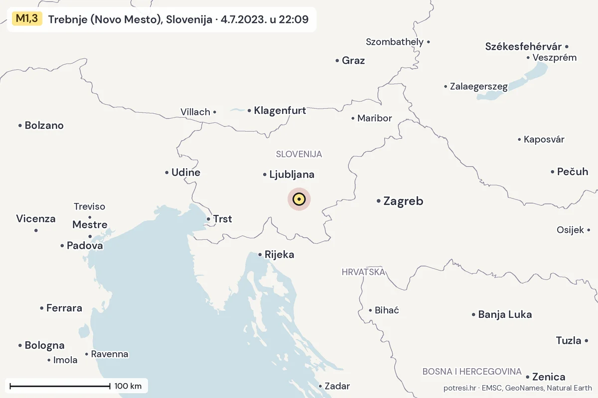 Karta: šire područje, 600 km, potres M1,3, Trebnje (Novo Mesto), Slovenija, 4.7.2023.