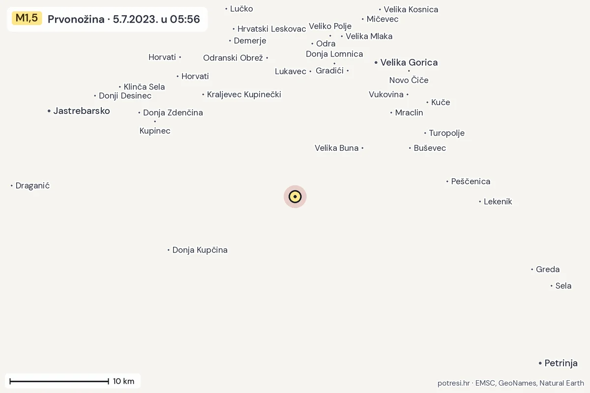 Karta: okolica epicentra, 60 km, potres M1,5, Prvonožina, 5.7.2023.