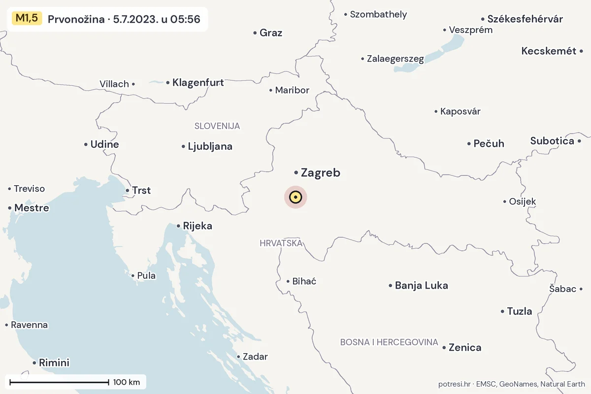 Karta: šire područje, 600 km, potres M1,5, Prvonožina, 5.7.2023.