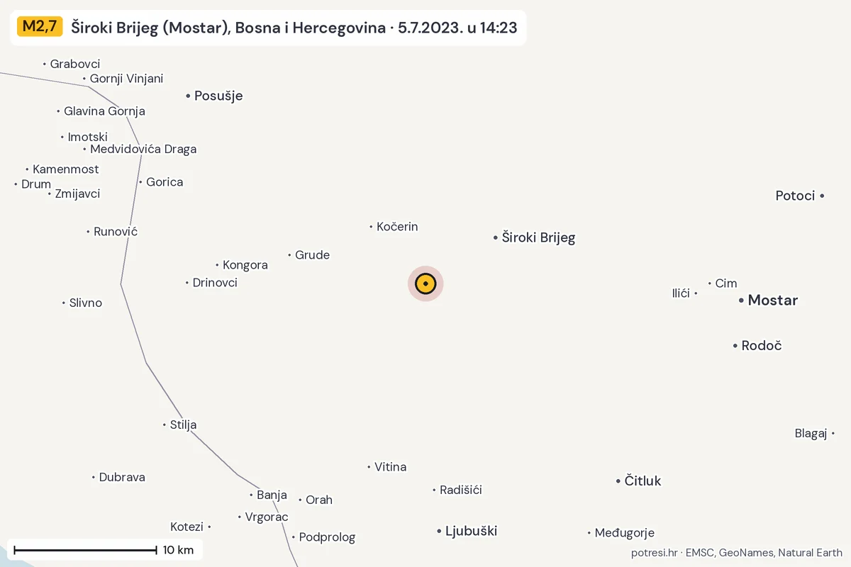 Karta: okolica epicentra, 60 km, potres M2,7, Široki Brijeg (Mostar), Bosna i Hercegovina, 5.7.2023.