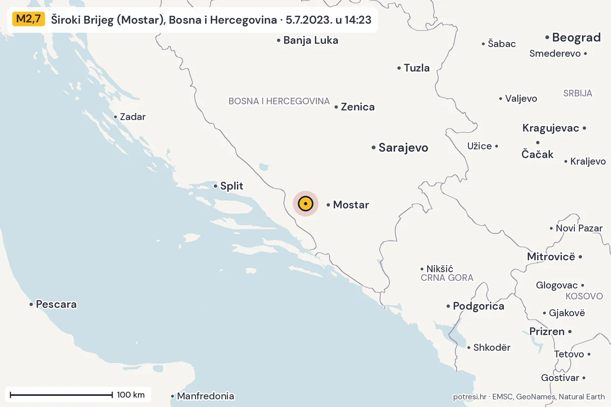 Karta: šire područje, 600 km, potres M2,7, Široki Brijeg (Mostar), Bosna i Hercegovina, 5.7.2023.
