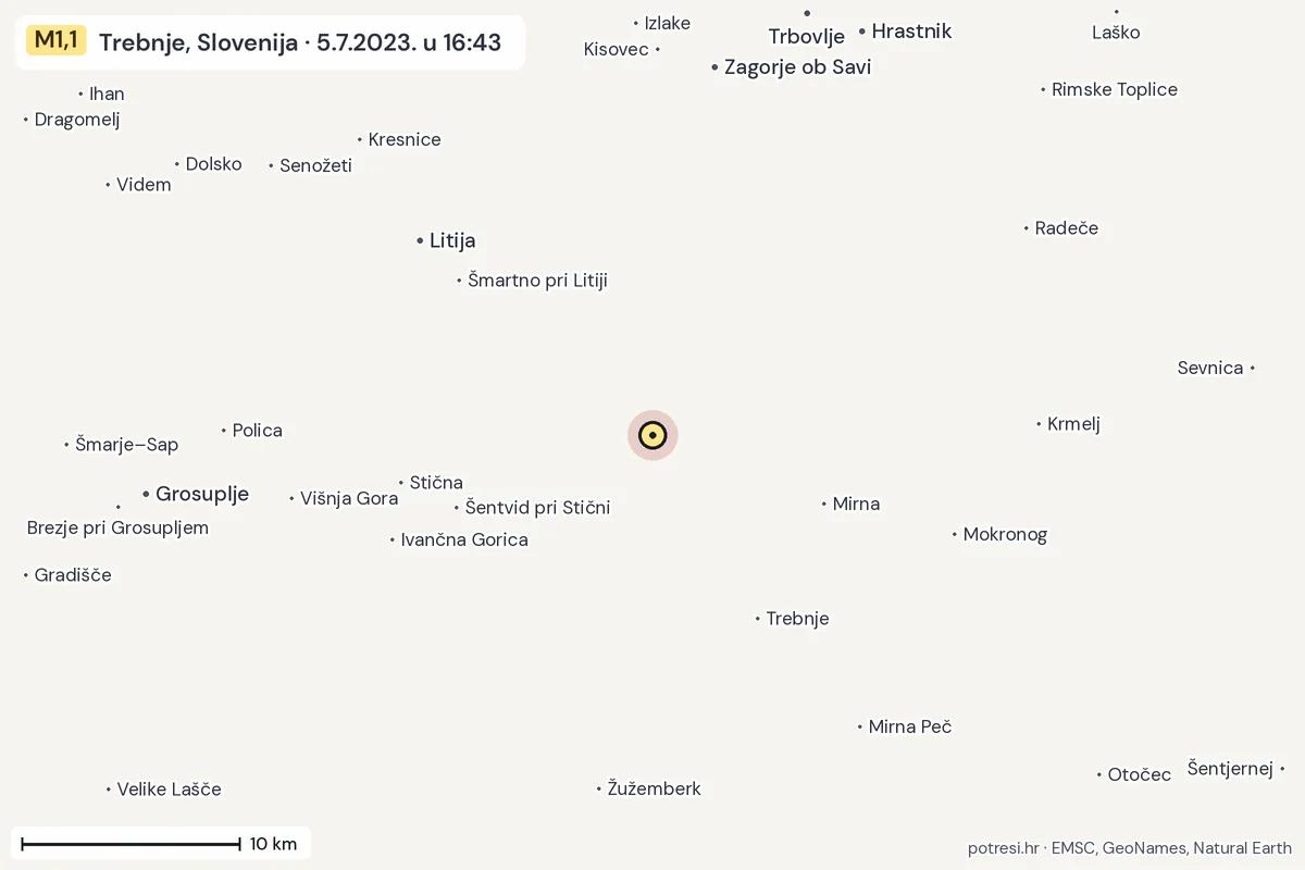 Karta: okolica epicentra, 60 km, potres M1,1, Trebnje, Slovenija, 5.7.2023.