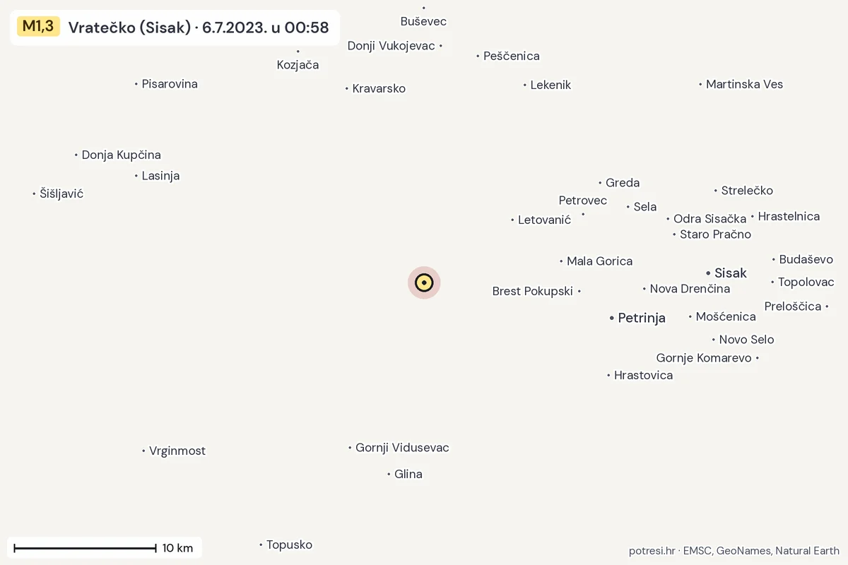 Karta: okolica epicentra, 60 km, potres M1,3, Vratečko (Sisak), 6.7.2023.