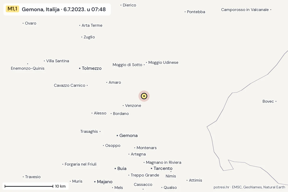 Karta: okolica epicentra, 60 km, potres M1,1, Gemona, Italija, 6.7.2023.