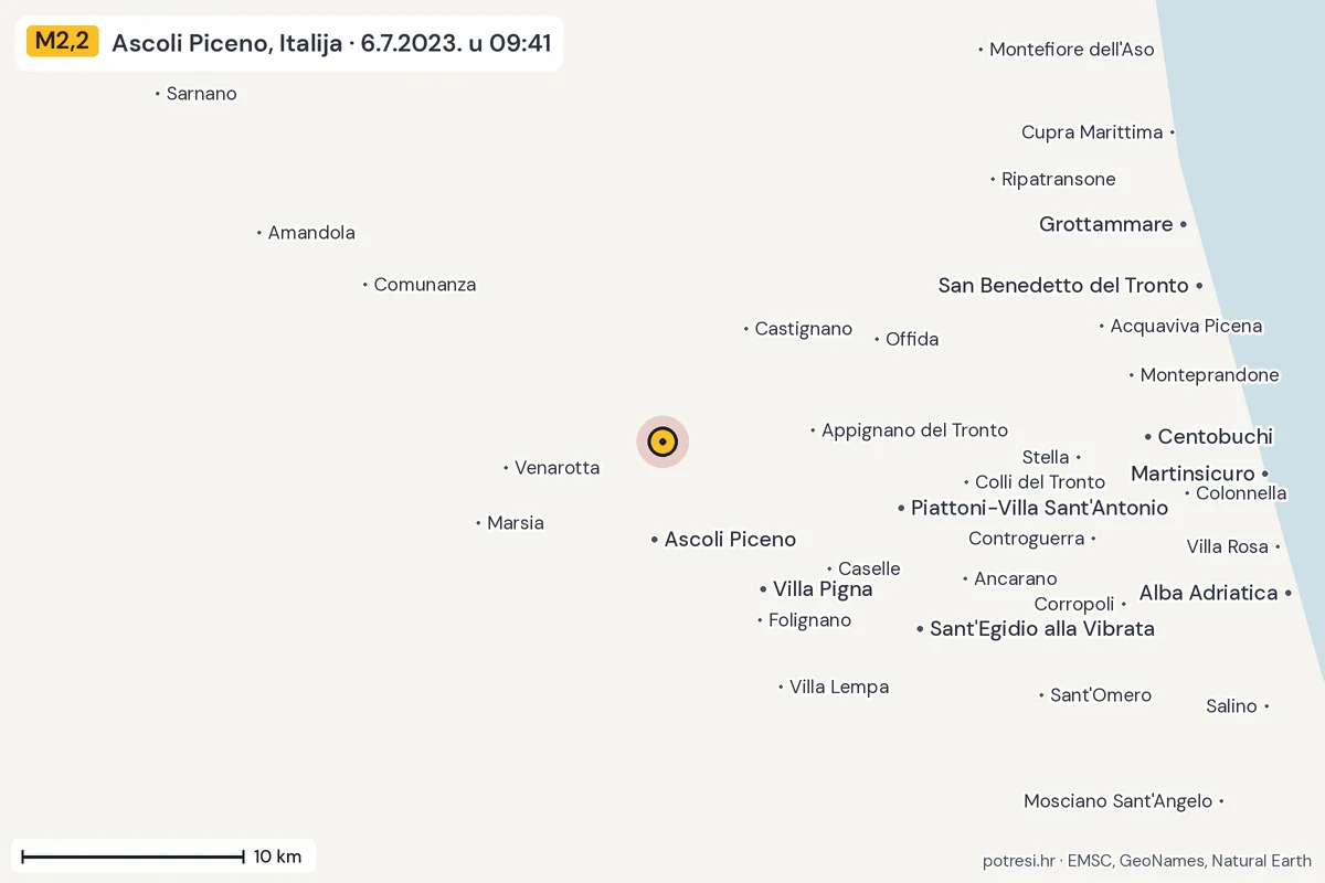 Karta: okolica epicentra, 60 km, potres M2,2, Ascoli Piceno, Italija, 6.7.2023.
