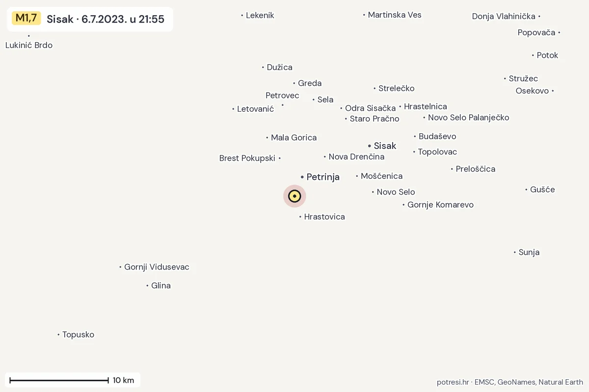 Karta: okolica epicentra, 60 km, potres M1,7, Sisak, 6.7.2023.