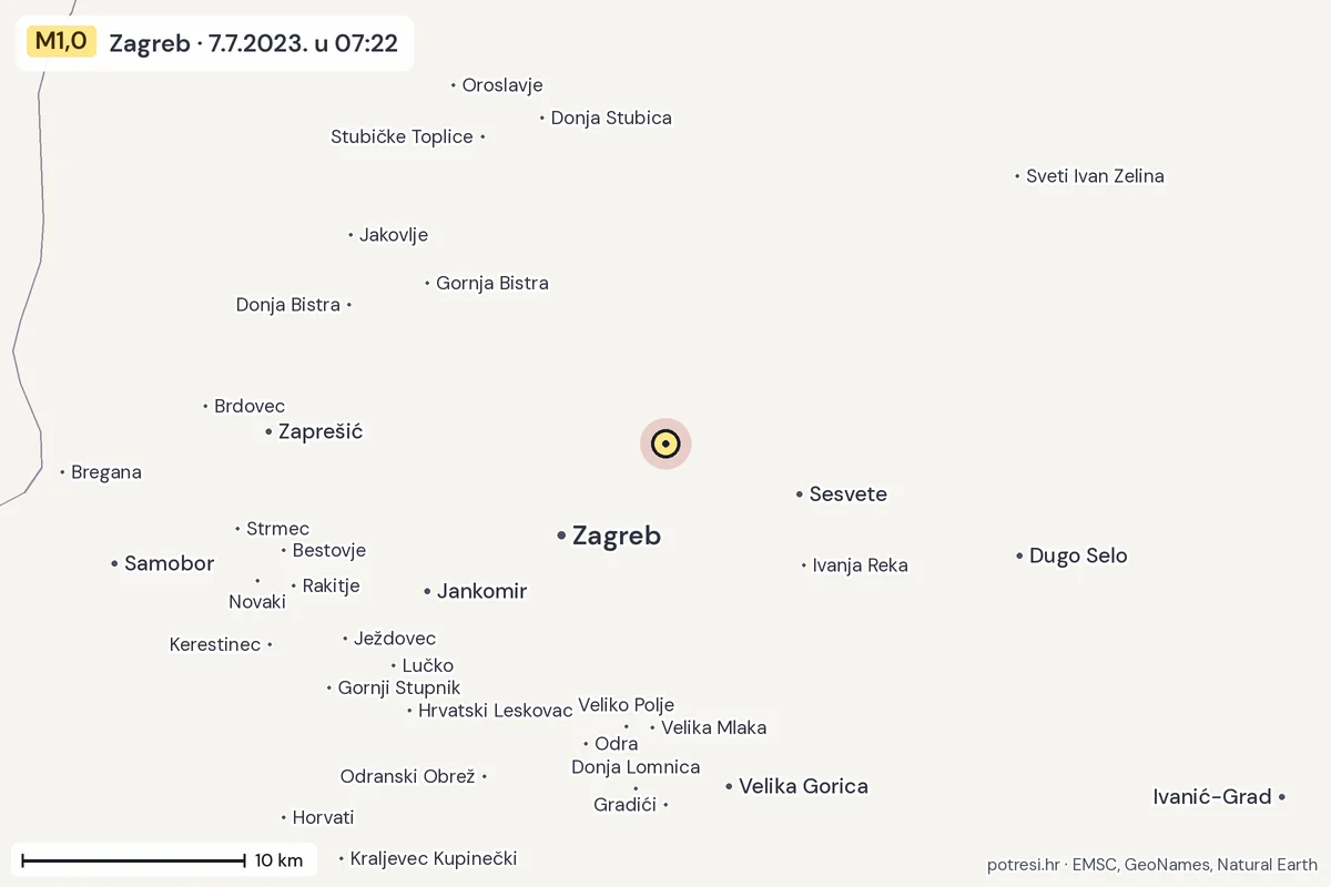 Karta: okolica epicentra, 60 km, potres M1,0, Zagreb, 7.7.2023.