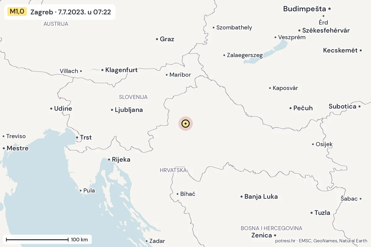 Karta: šire područje, 600 km, potres M1,0, Zagreb, 7.7.2023.