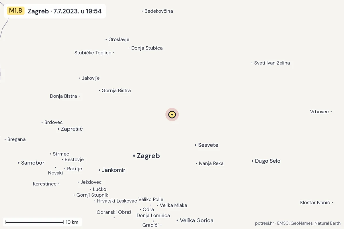 Karta: okolica epicentra, 60 km, potres M1,8, Zagreb, 7.7.2023.