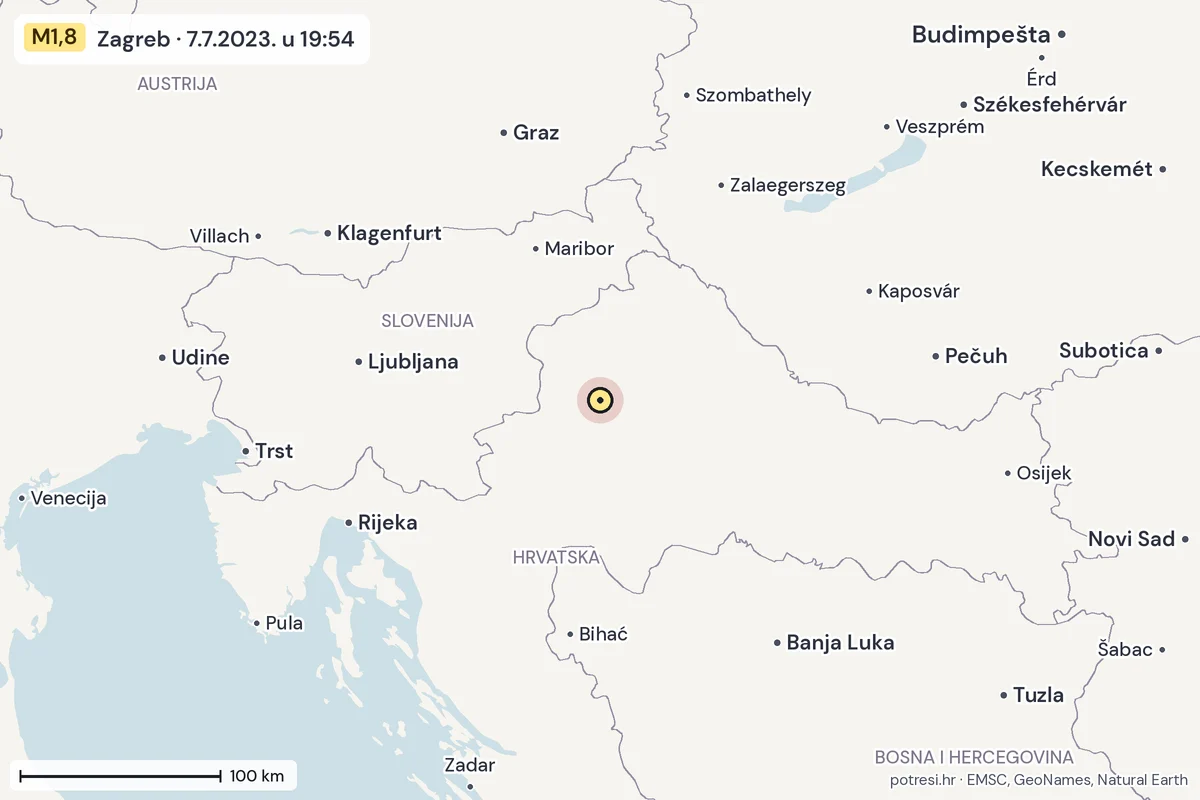 Karta: šire područje, 600 km, potres M1,8, Zagreb, 7.7.2023.