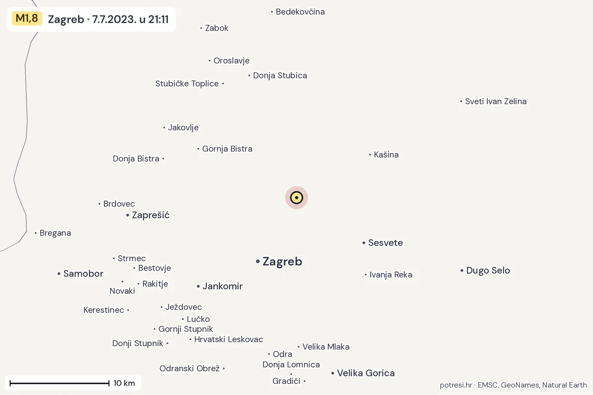 Karta: okolica epicentra, 60 km, potres M1,8, Zagreb, 7.7.2023.