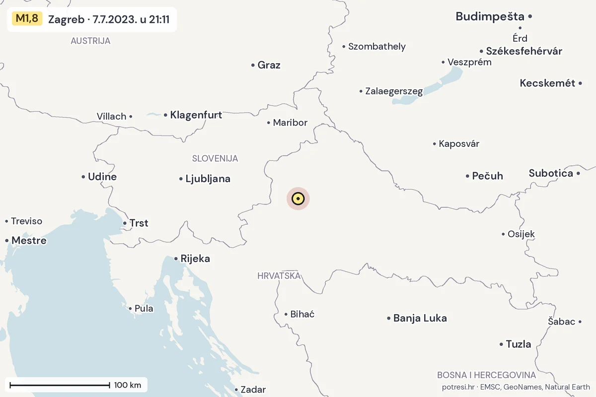 Karta: šire područje, 600 km, potres M1,8, Zagreb, 7.7.2023.