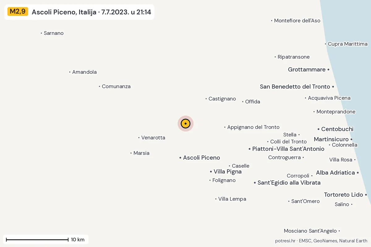 Karta: okolica epicentra, 60 km, potres M2,9, Ascoli Piceno, Italija, 7.7.2023.