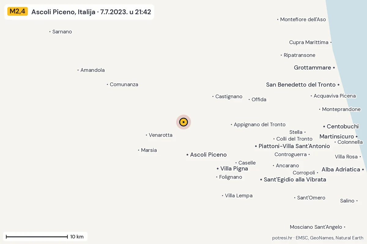 Karta: okolica epicentra, 60 km, potres M2,4, Ascoli Piceno, Italija, 7.7.2023.