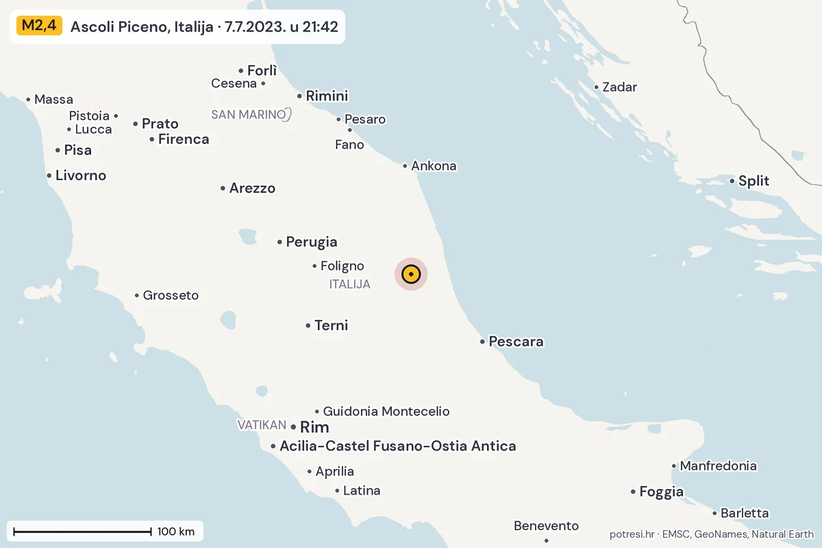 Karta: šire područje, 600 km, potres M2,4, Ascoli Piceno, Italija, 7.7.2023.