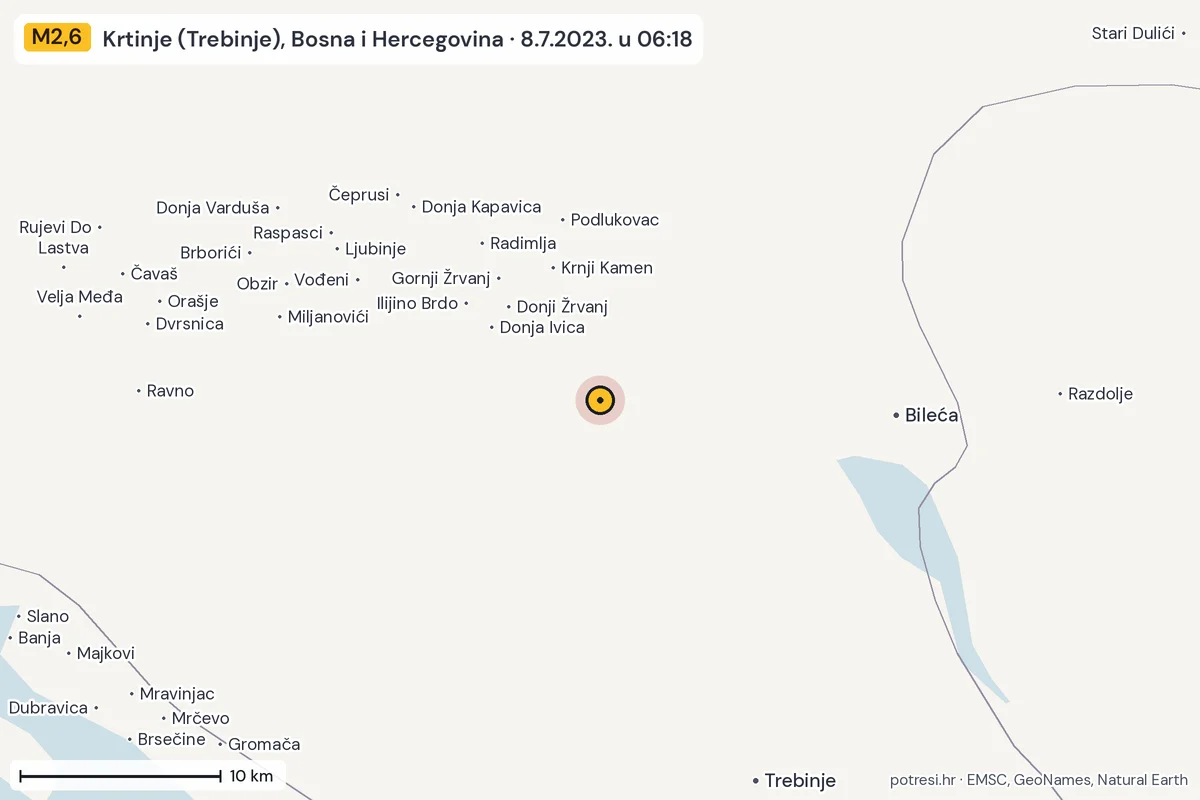 Karta: okolica epicentra, 60 km, potres M2,6, Krtinje (Trebinje), Bosna i Hercegovina, 8.7.2023.