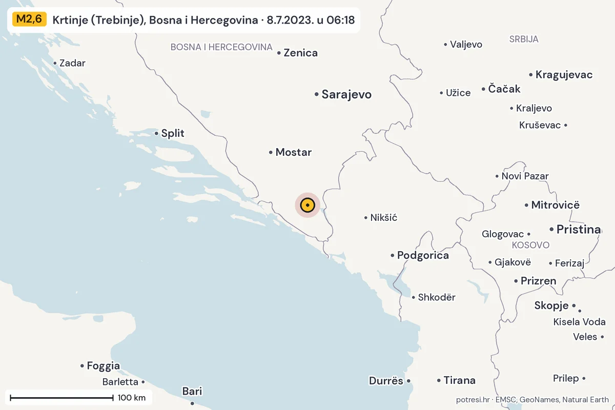 Karta: šire područje, 600 km, potres M2,6, Krtinje (Trebinje), Bosna i Hercegovina, 8.7.2023.