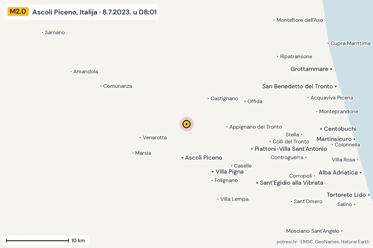 Karta: okolica epicentra, 60 km, potres M2,0, Ascoli Piceno, Italija, 8.7.2023.