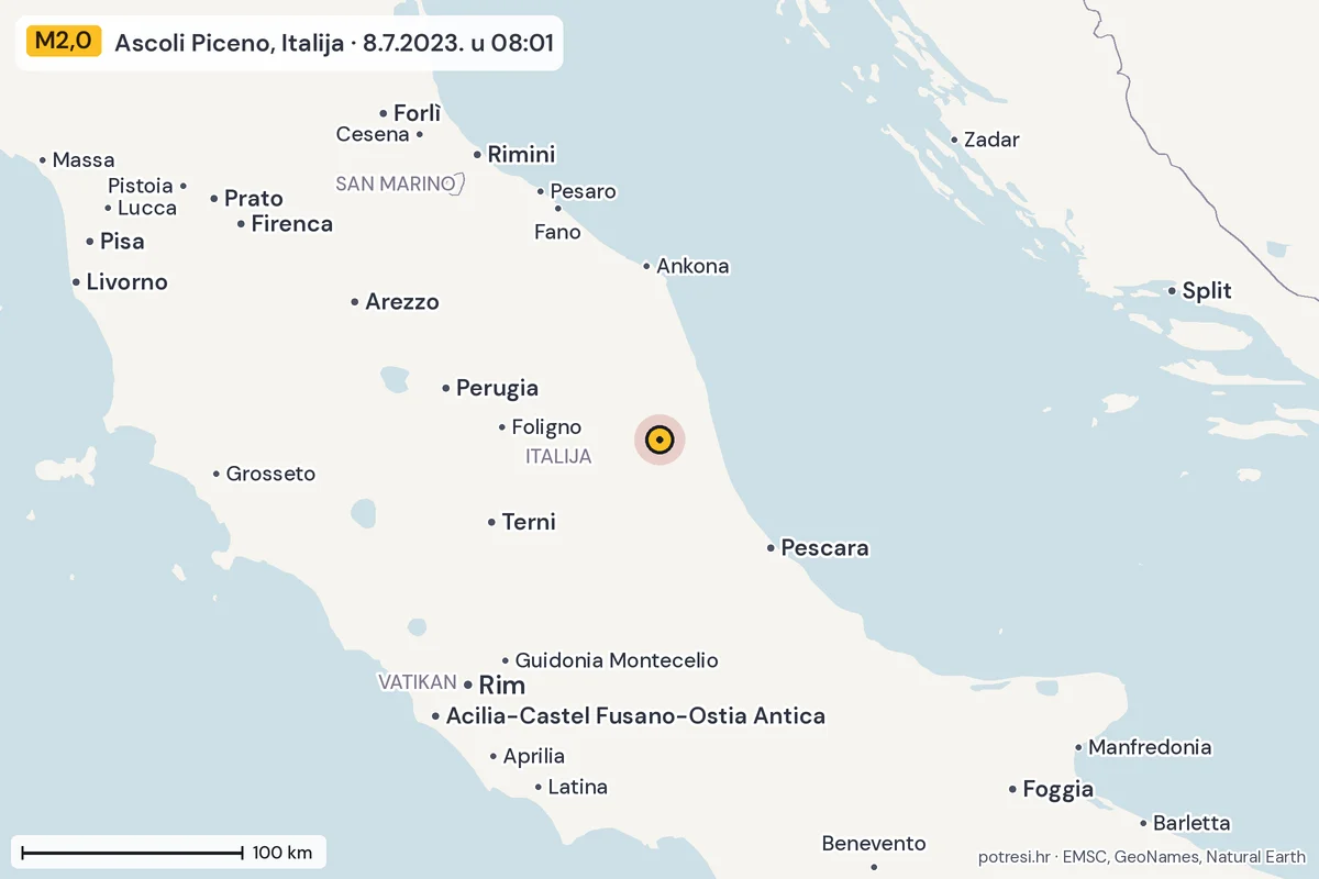 Karta: šire područje, 600 km, potres M2,0, Ascoli Piceno, Italija, 8.7.2023.