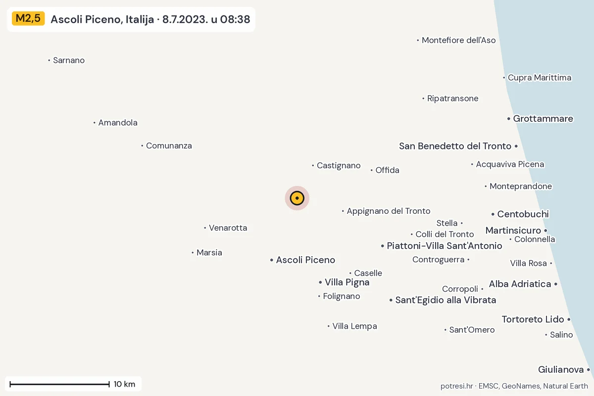Karta: okolica epicentra, 60 km, potres M2,5, Ascoli Piceno, Italija, 8.7.2023.