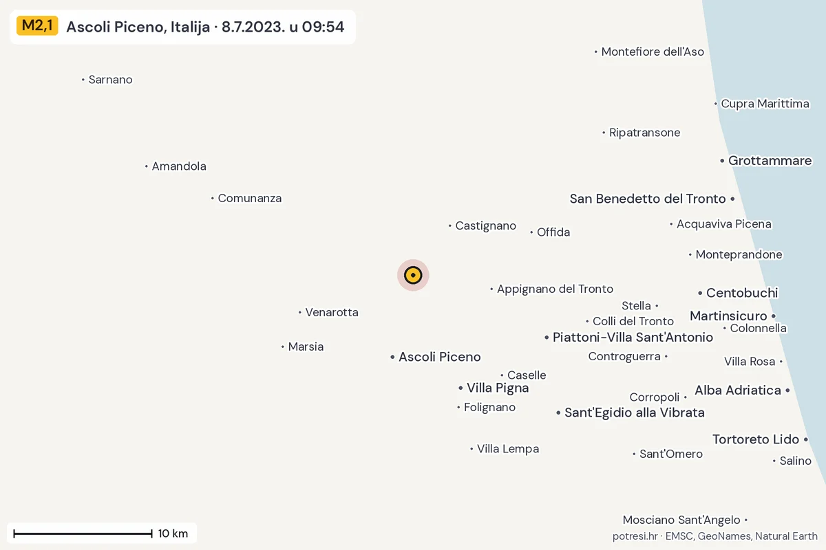 Karta: okolica epicentra, 60 km, potres M2,1, Ascoli Piceno, Italija, 8.7.2023.