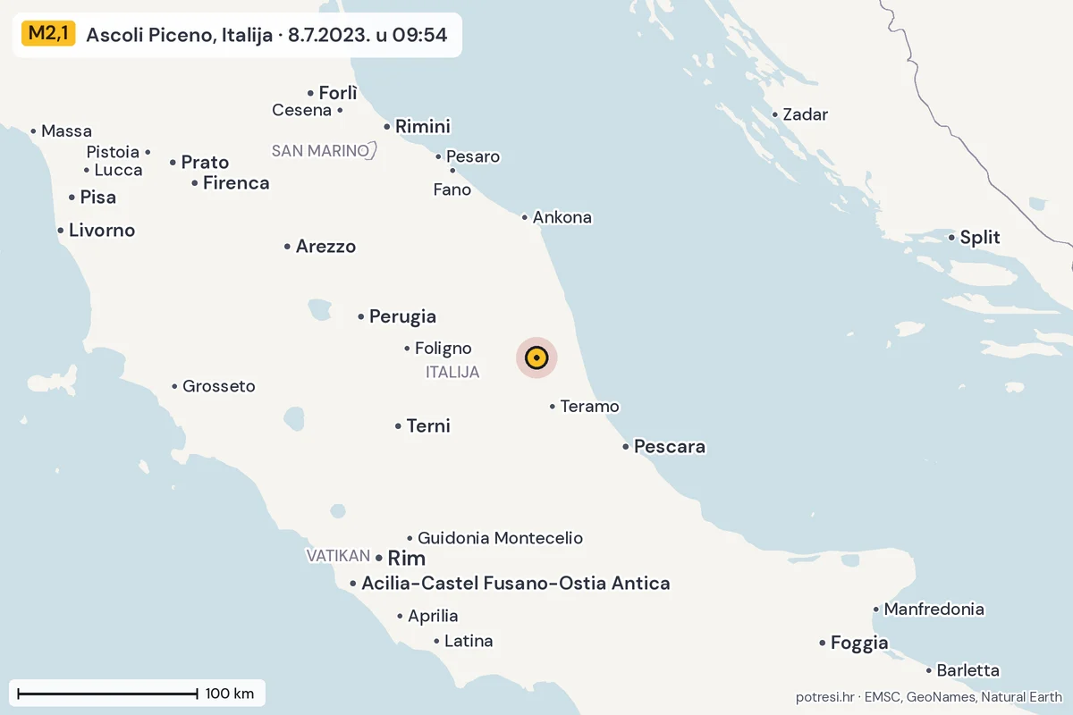 Karta: šire područje, 600 km, potres M2,1, Ascoli Piceno, Italija, 8.7.2023.