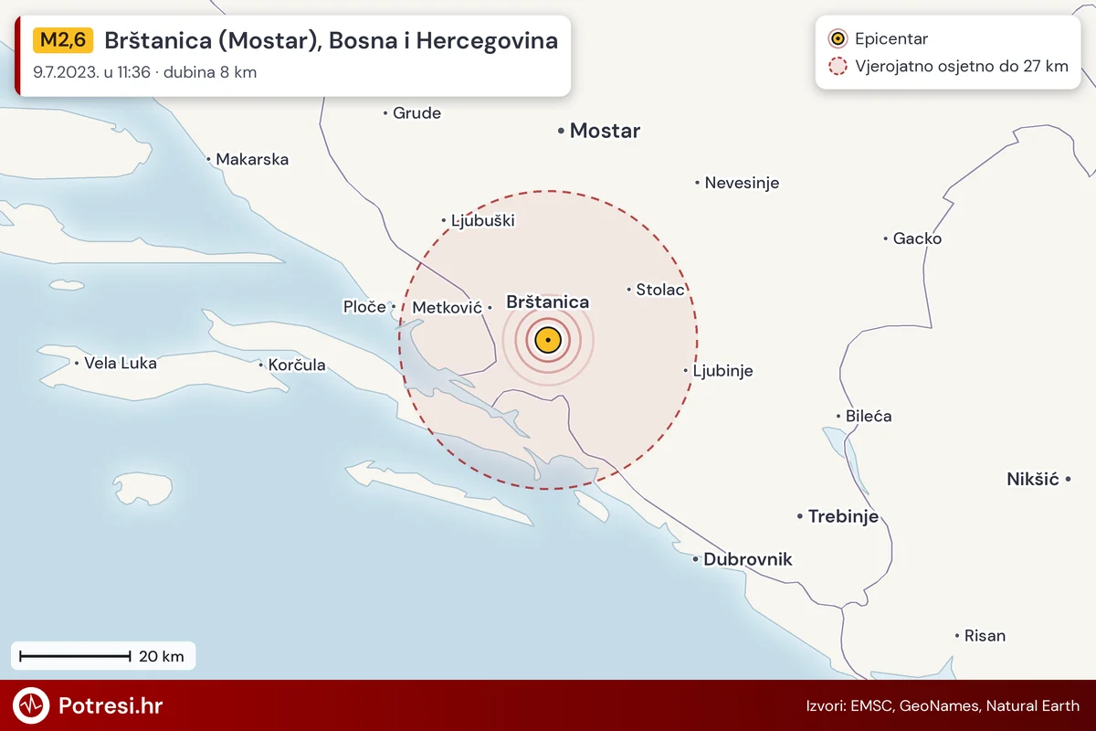 Karta: šire područje i vjerojatni doseg osjeta, potres M2,6, Brštanica (Mostar), Bosna i Hercegovina, 9.7.2023.