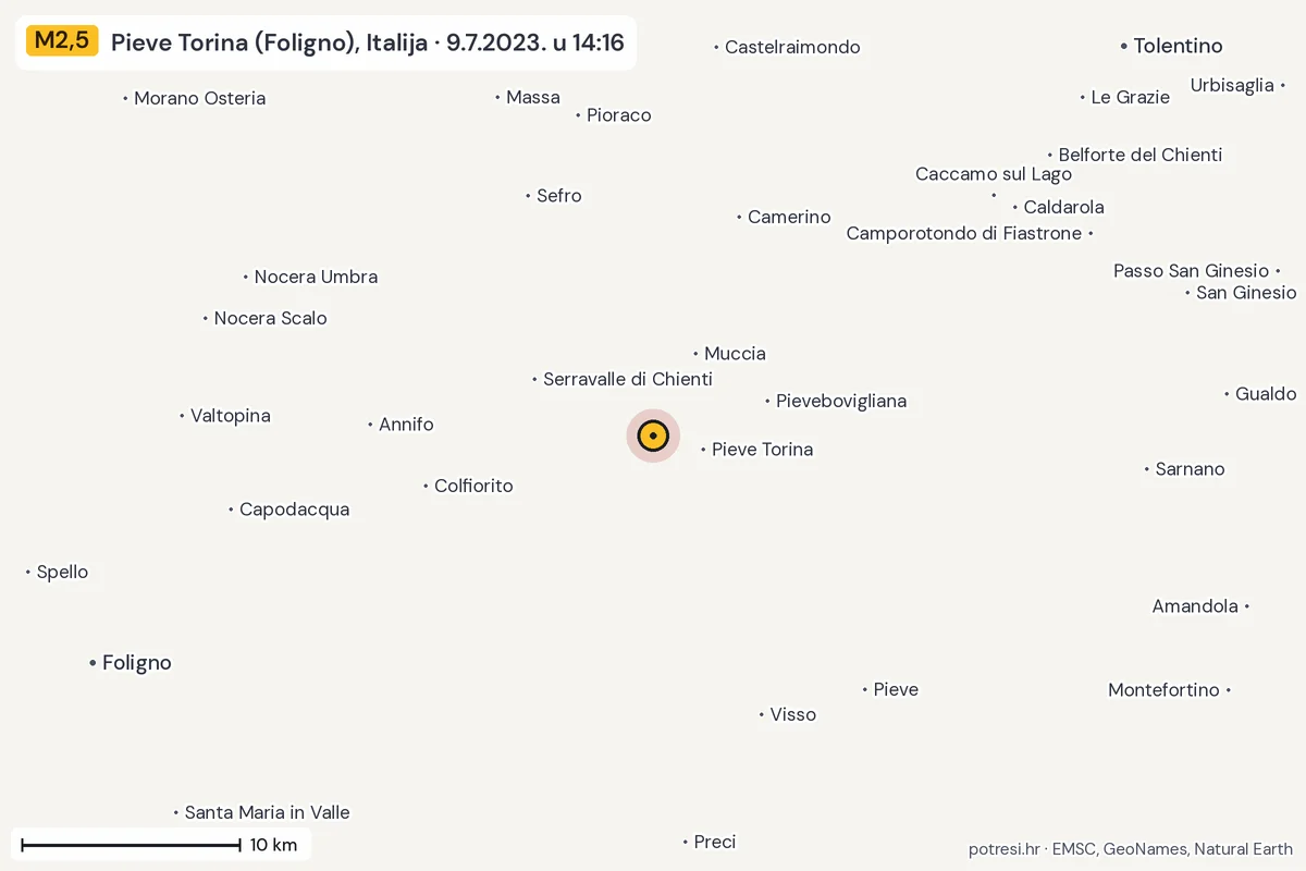 Karta: okolica epicentra, 60 km, potres M2,5, Pieve Torina (Foligno), Italija, 9.7.2023.