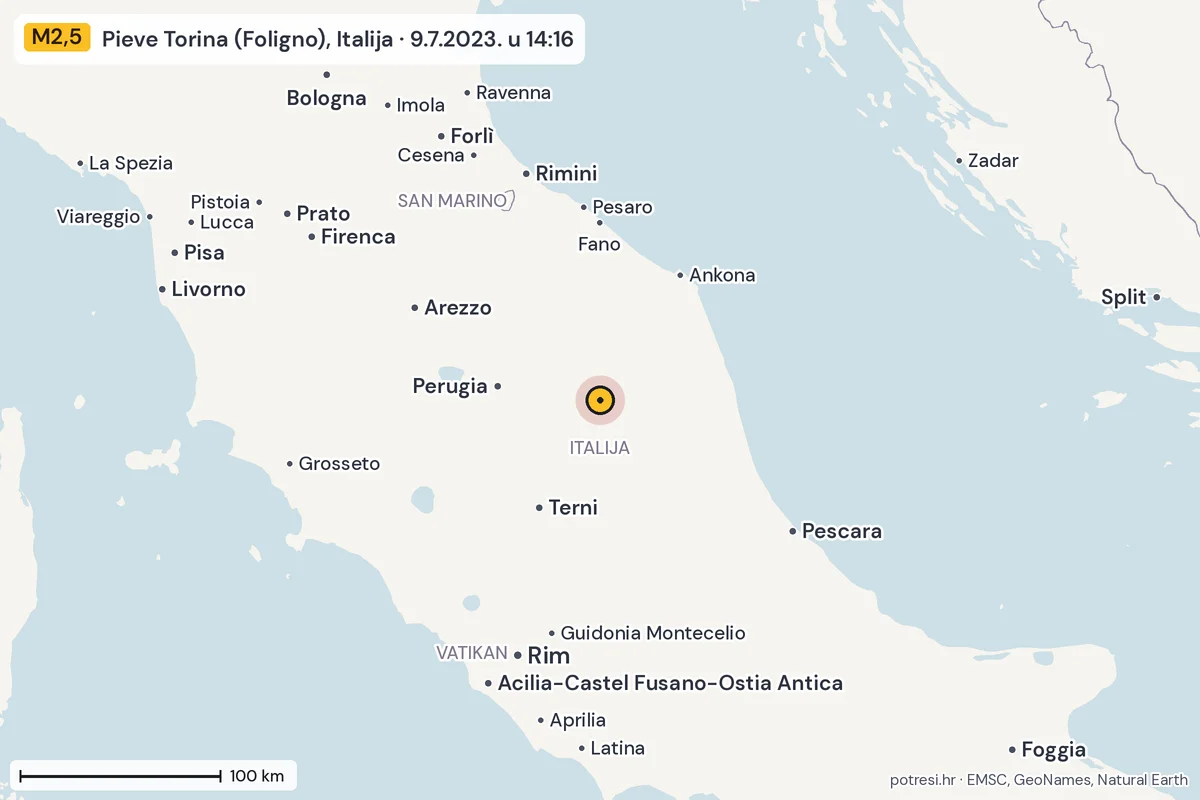 Karta: šire područje, 600 km, potres M2,5, Pieve Torina (Foligno), Italija, 9.7.2023.
