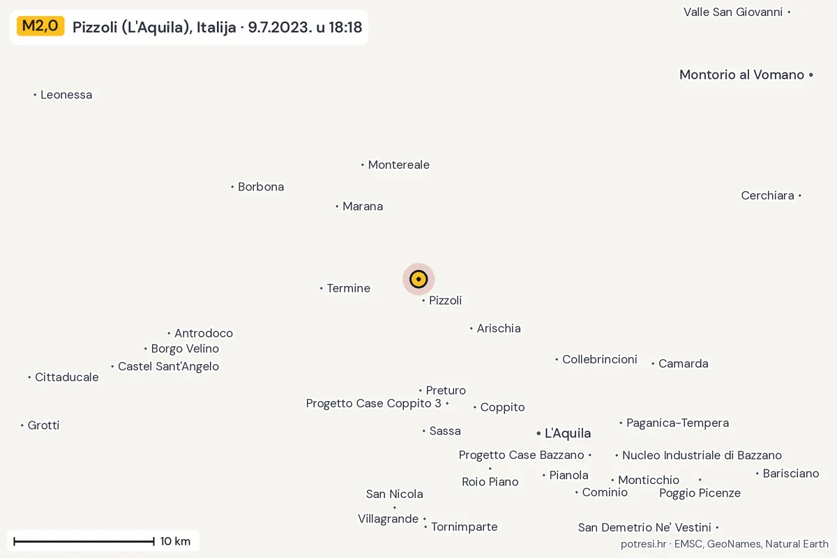 Karta: okolica epicentra, 60 km, potres M2,0, Pizzoli (L'Aquila), Italija, 9.7.2023.