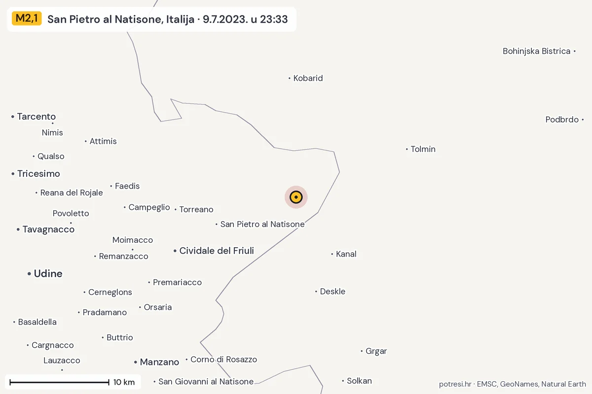 Karta: okolica epicentra, 60 km, potres M2,1, San Pietro al Natisone, Italija, 9.7.2023.