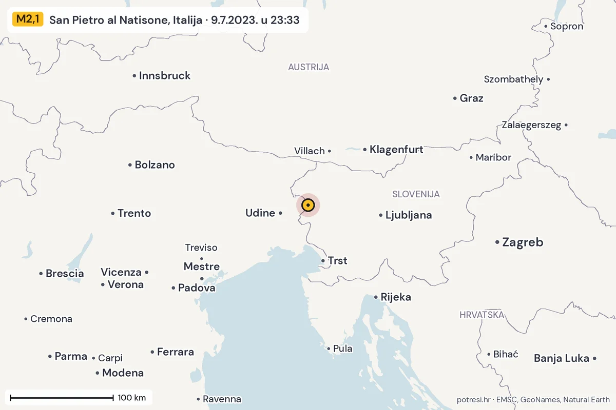 Karta: šire područje, 600 km, potres M2,1, San Pietro al Natisone, Italija, 9.7.2023.