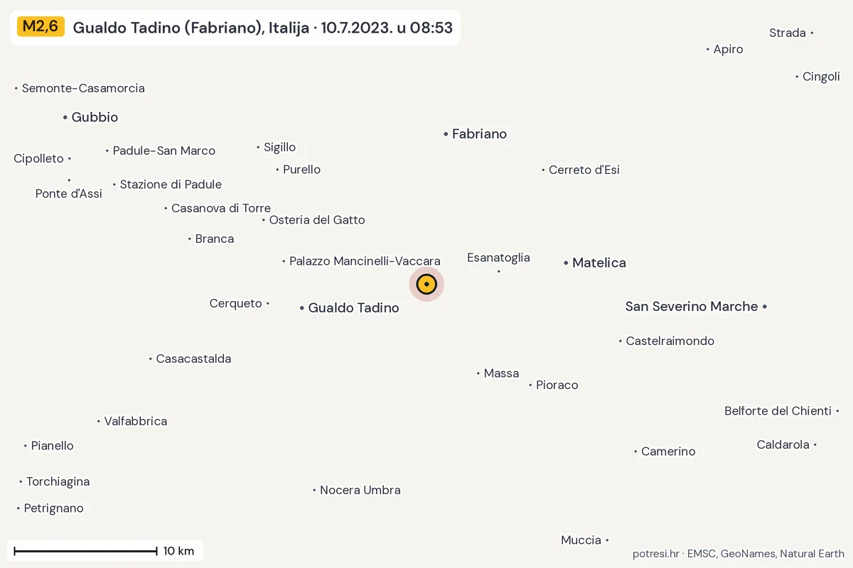 Karta: okolica epicentra, 60 km, potres M2,6, Gualdo Tadino (Fabriano), Italija, 10.7.2023.
