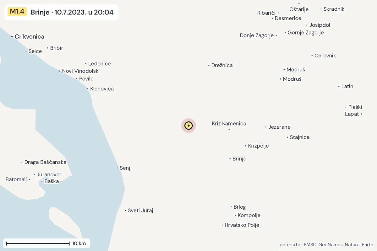 Karta: okolica epicentra, 60 km, potres M1,4, Brinje, 10.7.2023.