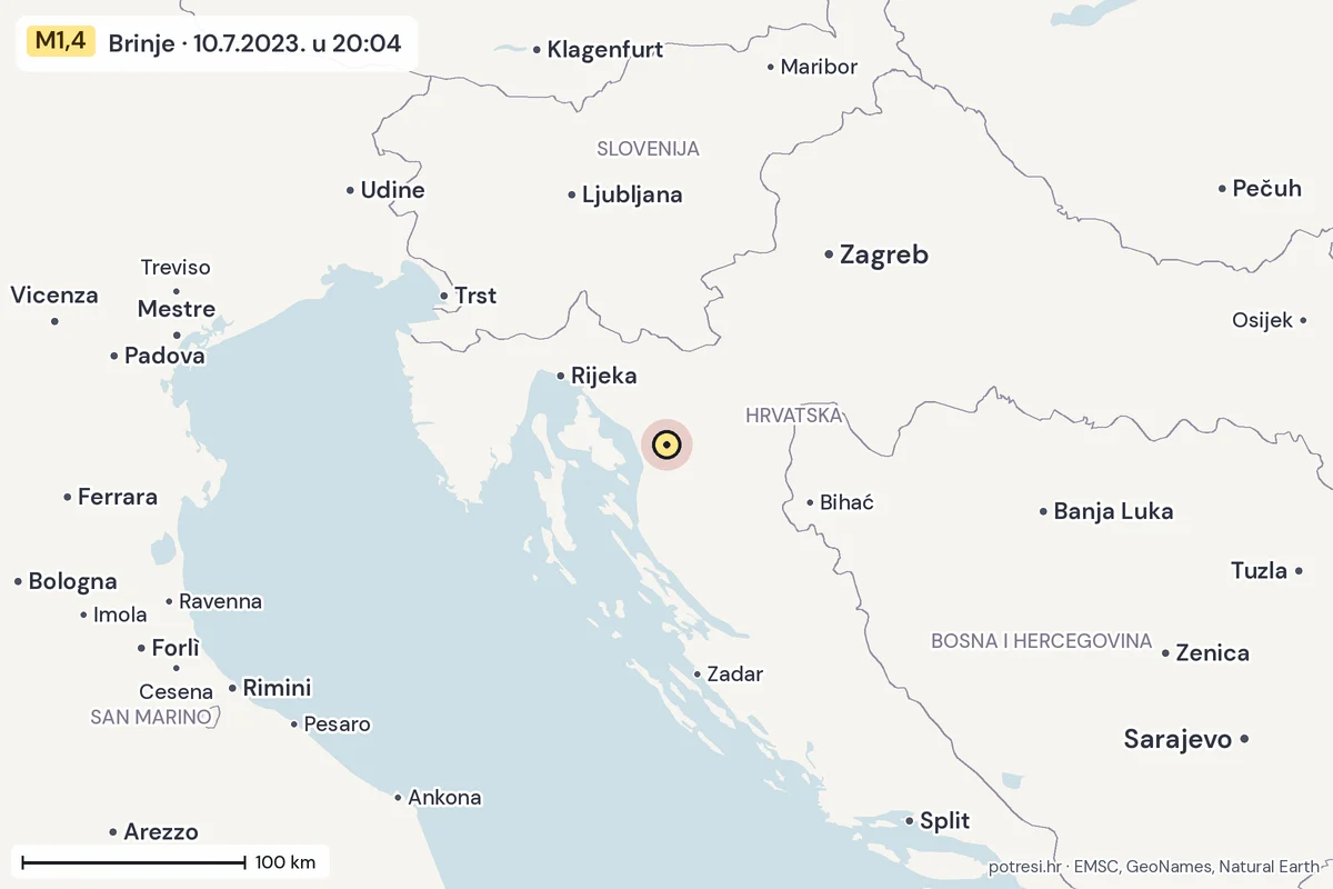 Karta: šire područje, 600 km, potres M1,4, Brinje, 10.7.2023.