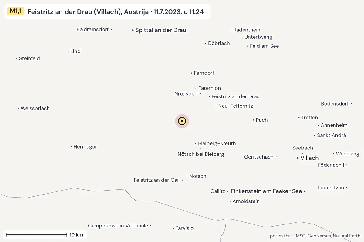 Karta: okolica epicentra, 60 km, potres M1,1, Feistritz an der Drau (Villach), Austrija, 11.7.2023.