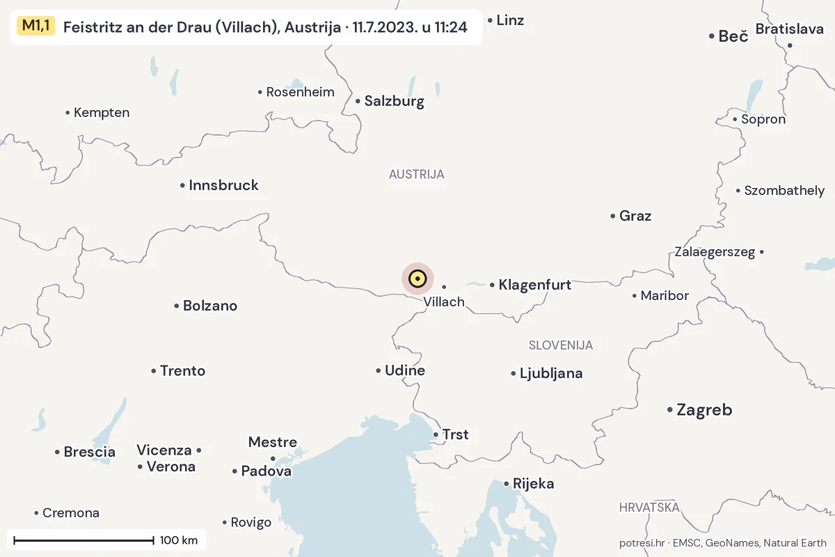 Karta: šire područje, 600 km, potres M1,1, Feistritz an der Drau (Villach), Austrija, 11.7.2023.
