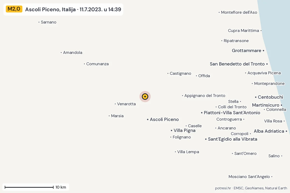 Karta: okolica epicentra, 60 km, potres M2,0, Ascoli Piceno, Italija, 11.7.2023.