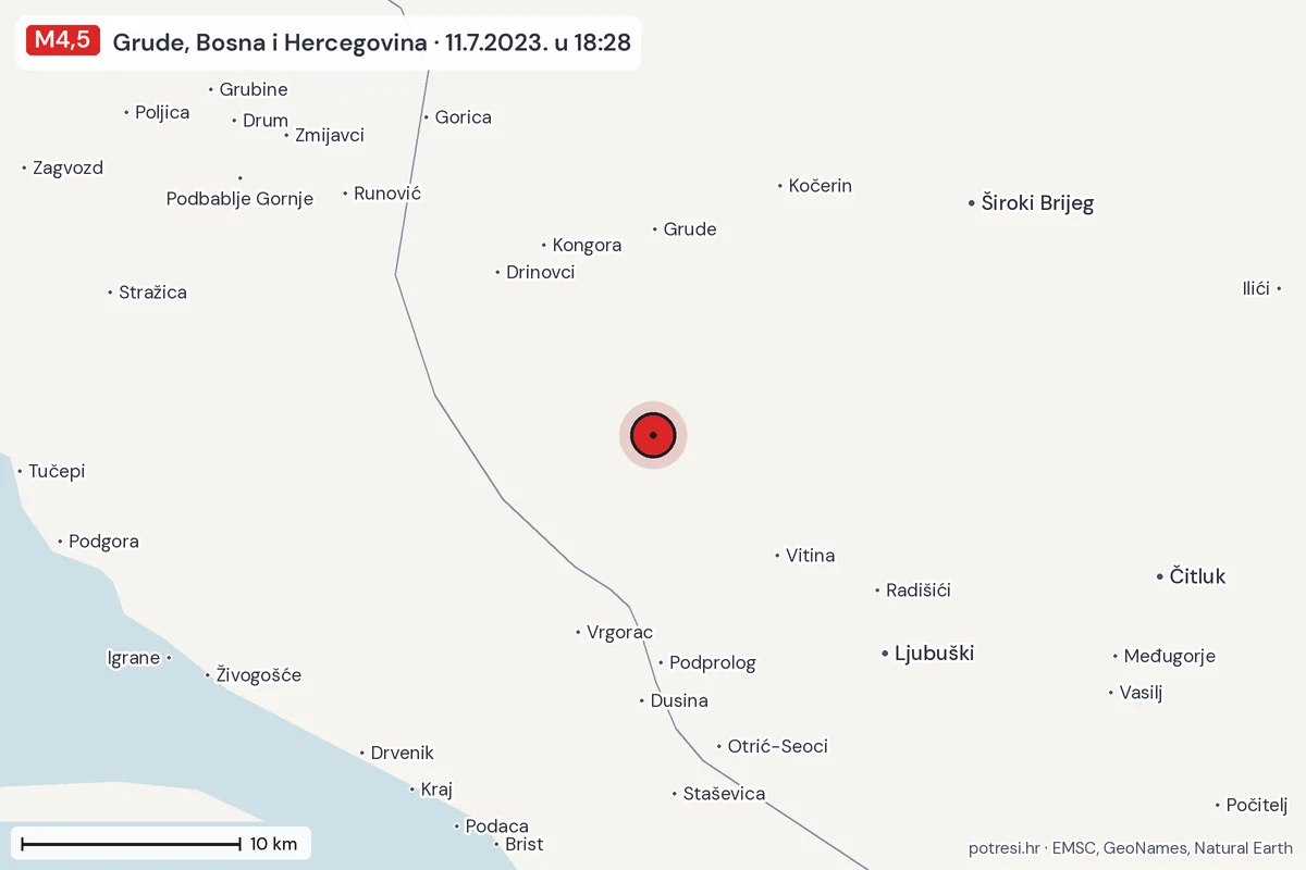 Karta: okolica epicentra, 60 km, potres M4,5, Grude, Bosna i Hercegovina, 11.7.2023.