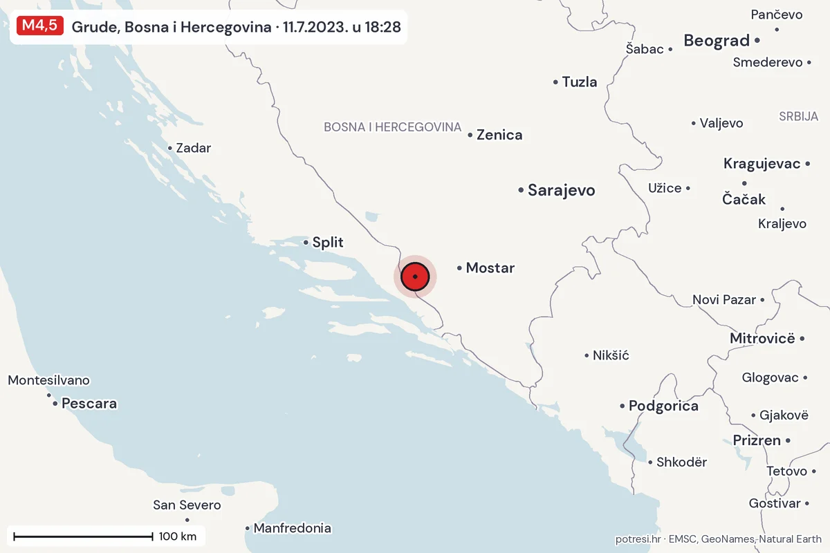 Karta: šire područje, 600 km, potres M4,5, Grude, Bosna i Hercegovina, 11.7.2023.