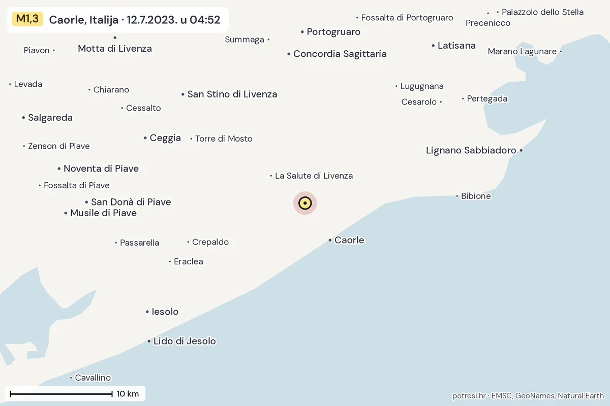 Karta: okolica epicentra, 60 km, potres M1,3, Caorle, Italija, 12.7.2023.