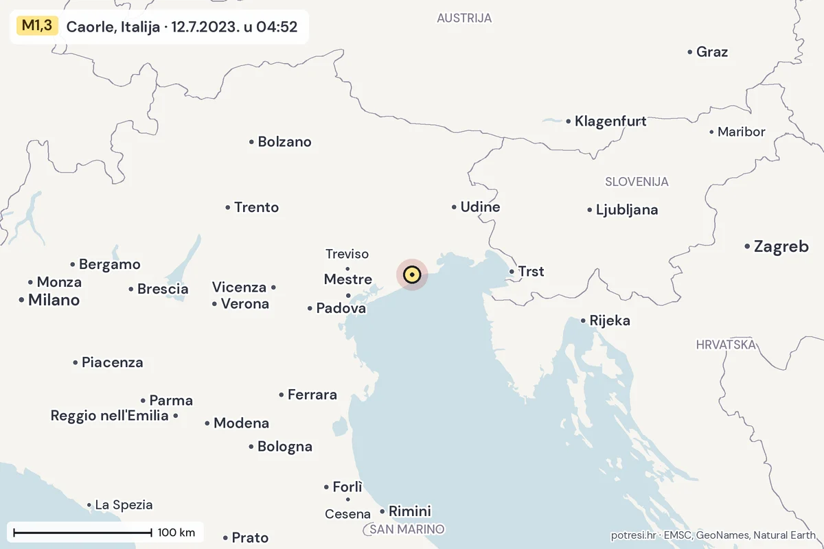 Karta: šire područje, 600 km, potres M1,3, Caorle, Italija, 12.7.2023.
