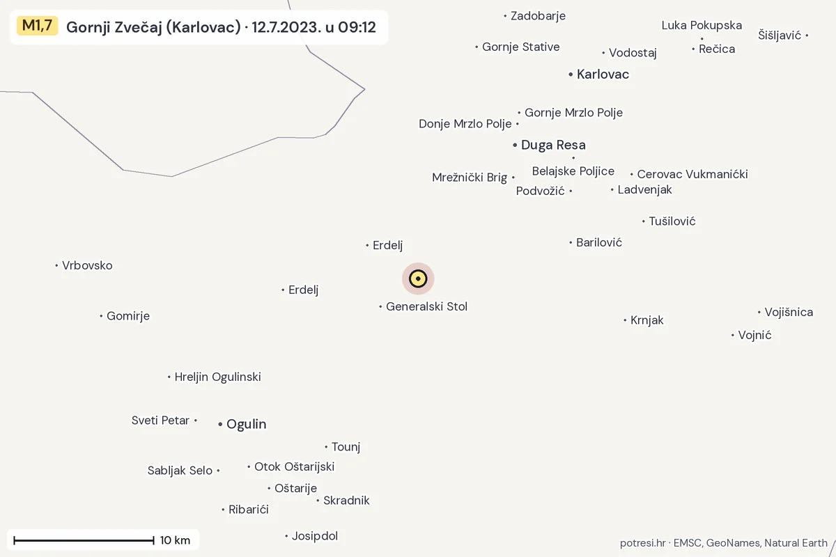 Karta: okolica epicentra, 60 km, potres M1,7, Gornji Zvečaj (Karlovac), 12.7.2023.