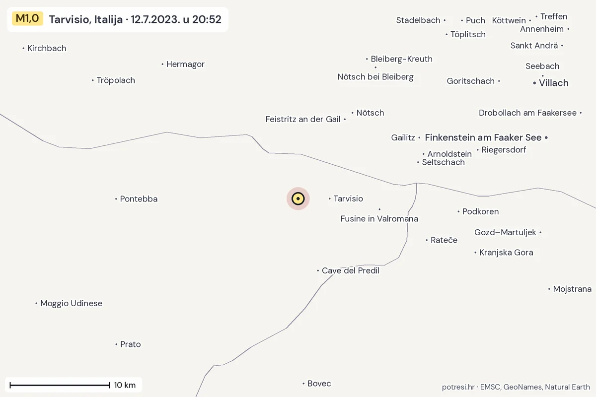 Karta: okolica epicentra, 60 km, potres M1,0, Tarvisio, Italija, 12.7.2023.