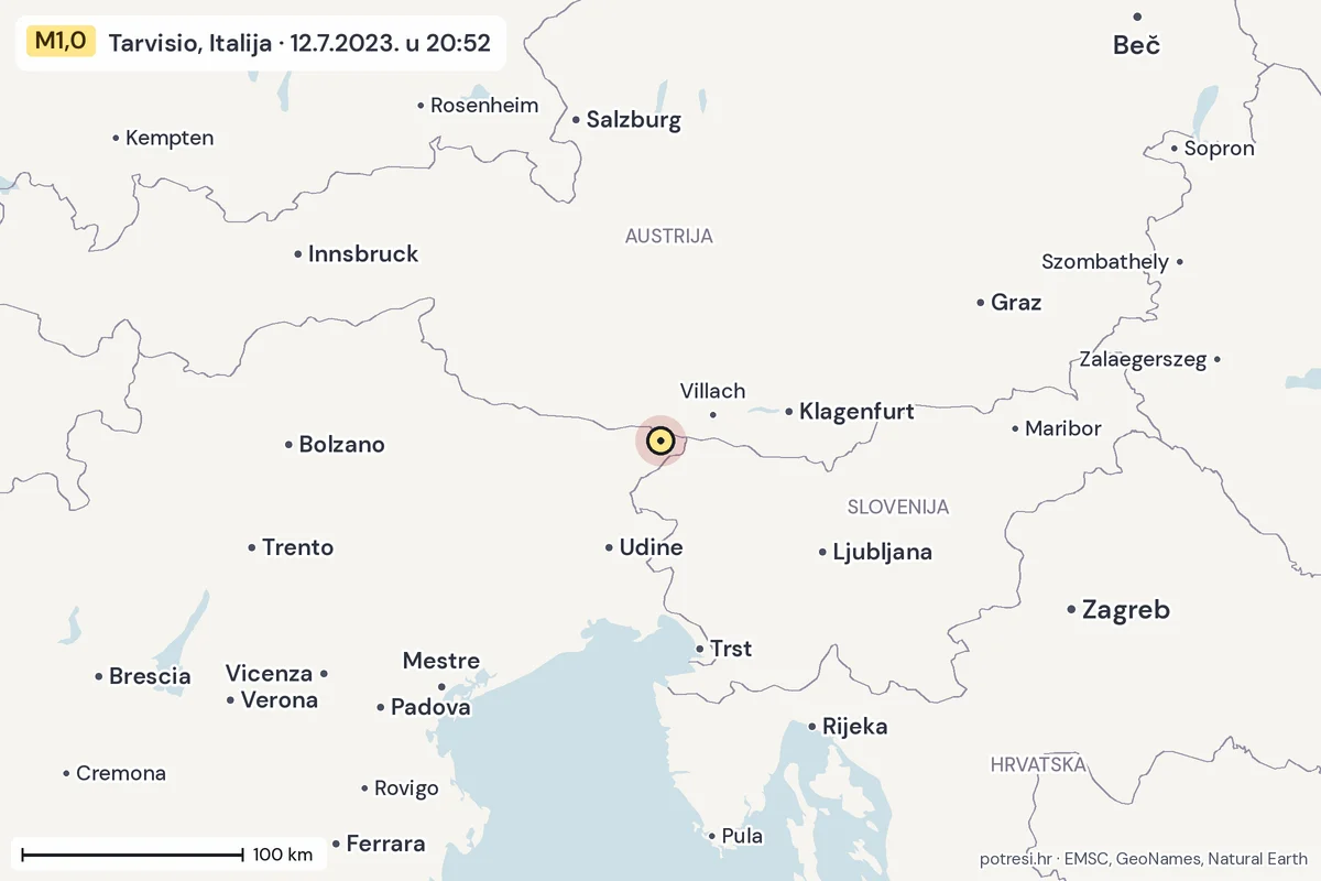 Karta: šire područje, 600 km, potres M1,0, Tarvisio, Italija, 12.7.2023.