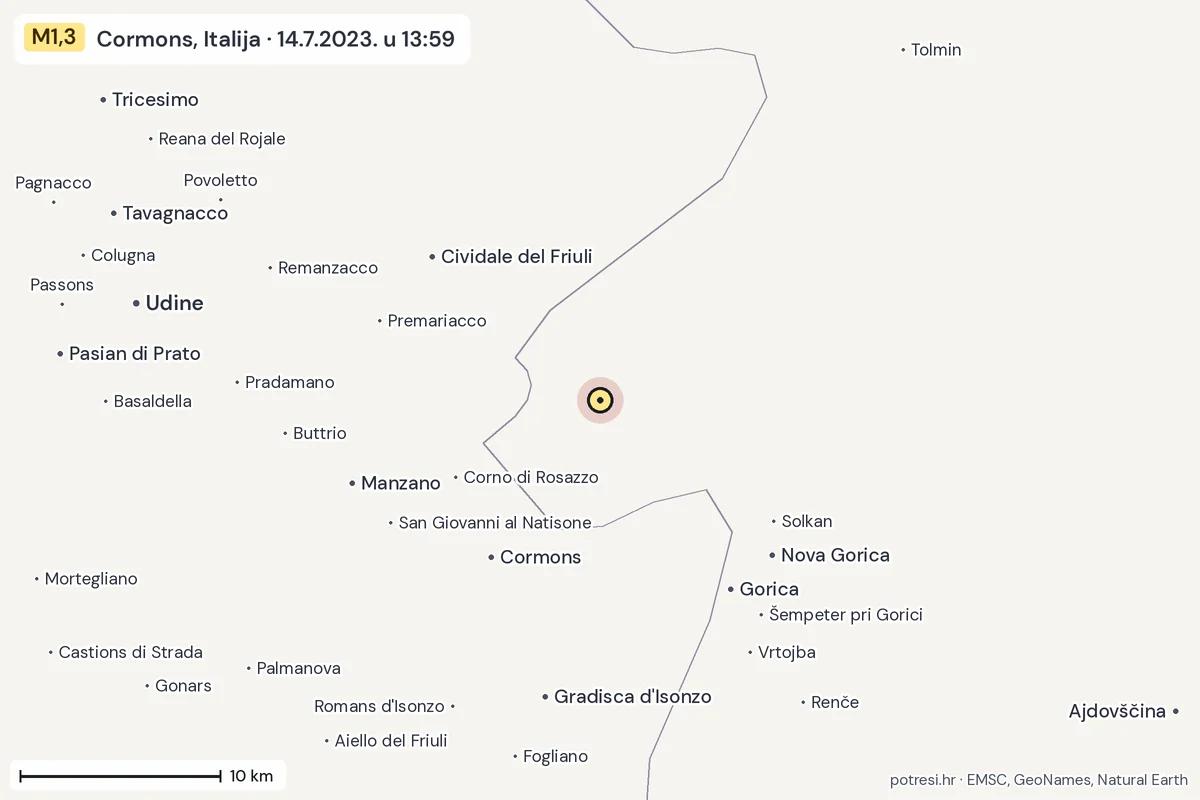 Karta: okolica epicentra, 60 km, potres M1,3, Cormons, Italija, 14.7.2023.